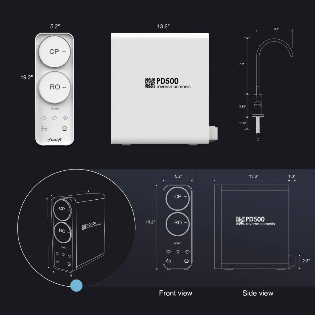 Frizzlife Reverse Osmosis Water Filtration System - Tankless 500 GPD High Output RO Filter, 1.5:1 Pure to Drain, Reduces TDS, Compact Footprint, USA Tech Support, PD500â€¦